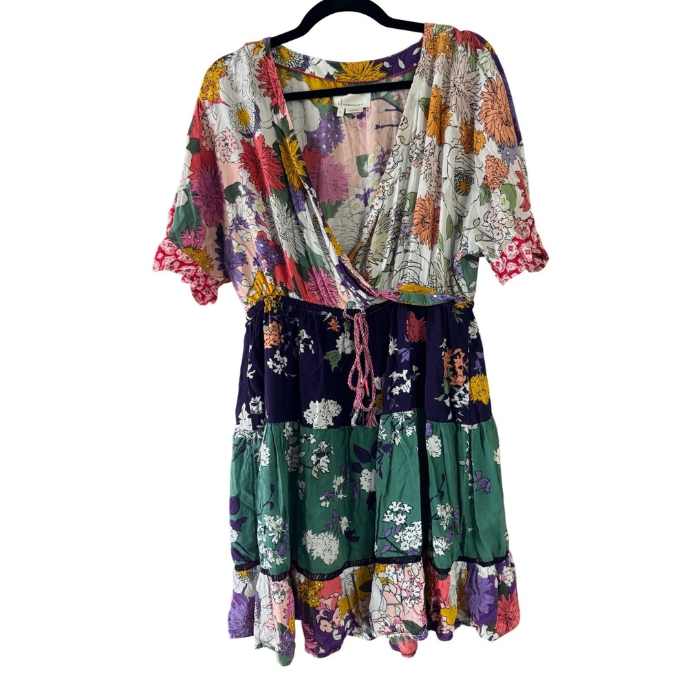 Anthropologie Floral Patchwork Tiered Mini Dress Small Multi Color Modal Boho - Picture 2 of 8